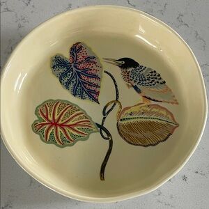 Anthropologie Cream Ceramic Bowl with Multicolor Botanical & Bird Illustration.